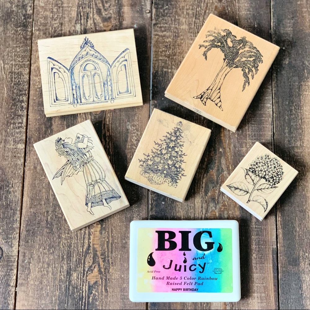 5 Large wooden stamps/ ink pad crafts scrapbook journaling